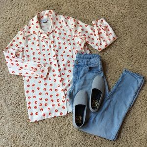 Vintage NPC Fashions Red & White Print Shirt Large